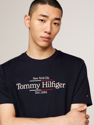 t-shirt in tessuto interlock con ricamo blu da uomini tommy hilfiger