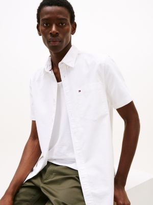chemise oxford à manches courtes blanc pour hommes tommy hilfiger