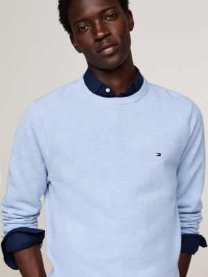 blue waffle knit crew neck jumper for men tommy hilfiger
