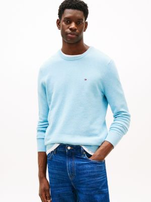 blue textured knit crew neck jumper for men tommy hilfiger