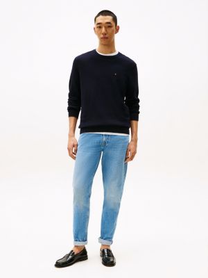 blue textured knit crew neck jumper for men tommy hilfiger