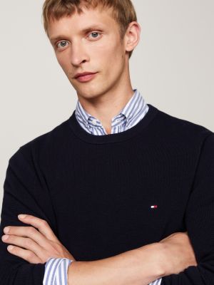 blue textured knit crew neck jumper for men tommy hilfiger