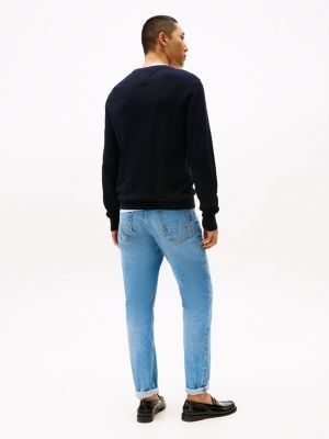 blue textured knit crew neck jumper for men tommy hilfiger