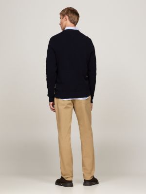 blue textured knit crew neck jumper for men tommy hilfiger