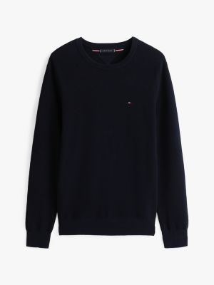 pull en maille alvéolée à col ras-du-cou bleu pour hommes tommy hilfiger