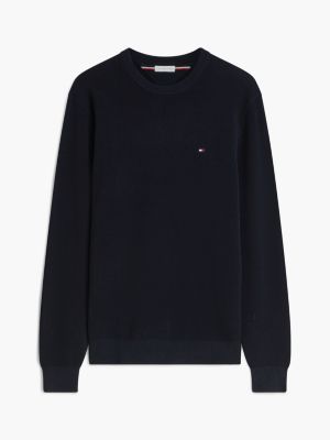 pull texturé à col ras-du-cou et drapeau brodé bleu pour hommes tommy hilfiger