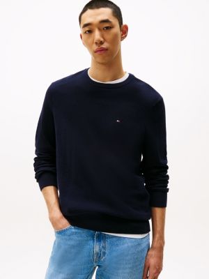 blue textured knit crew neck jumper for men tommy hilfiger