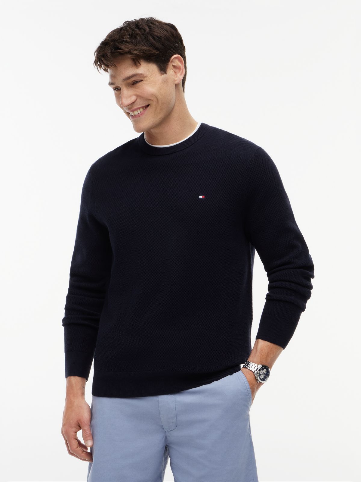 Flag Embroidery Crew Neck Jumper — Blue