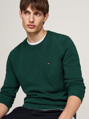 green waffle knit crew neck jumper for men tommy hilfiger