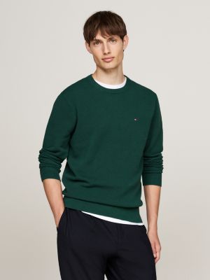 green waffle knit crew neck jumper for men tommy hilfiger