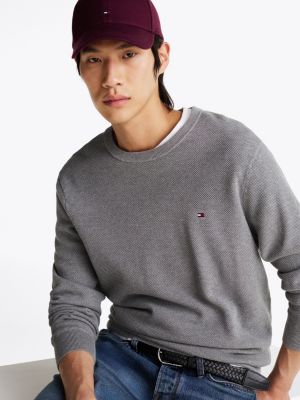 grey waffle knit crew neck jumper for men tommy hilfiger