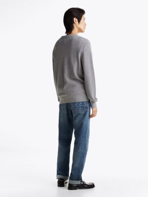 grey waffle knit crew neck jumper for men tommy hilfiger