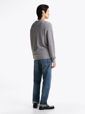 grey textured knit crew neck jumper for men tommy hilfiger