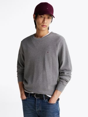 grey textured knit crew neck jumper for men tommy hilfiger