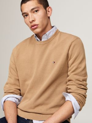 khaki waffle knit crew neck jumper for men tommy hilfiger
