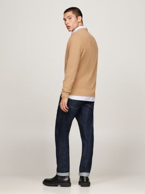 khaki waffle knit crew neck jumper for men tommy hilfiger