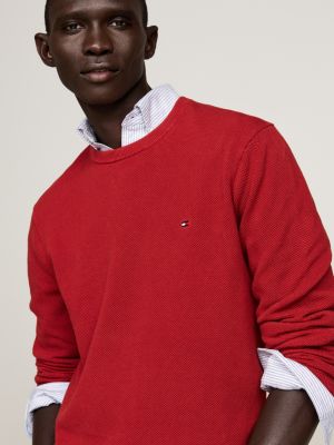 red waffle knit crew neck jumper for men tommy hilfiger