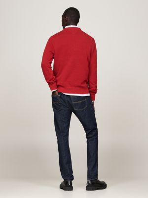 red waffle knit crew neck jumper for men tommy hilfiger