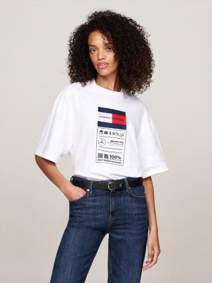 white tommy x mercedes f1 x cr care label logo t-shirt for men tommy hilfiger