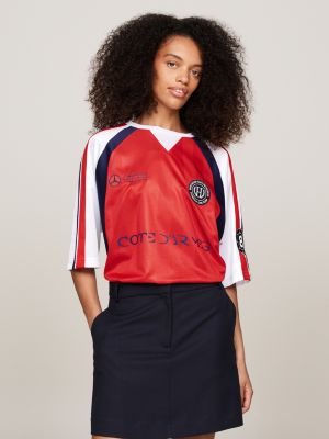 t-shirt stile calcio tommy x mercedes f1 x cr con logo rosso da uomini tommy hilfiger