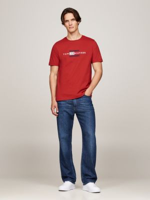 camiseta con logo bordado roja de hombres tommy hilfiger