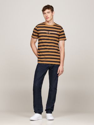 brown stripe logo embroidery slim t-shirt for men tommy hilfiger