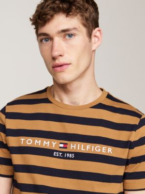 brown stripe logo embroidery slim t-shirt for men tommy hilfiger