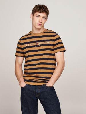 brown stripe logo embroidery slim t-shirt for men tommy hilfiger