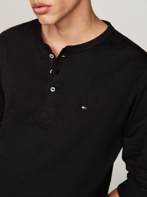 black textured long sleeve henley t-shirt for men tommy hilfiger