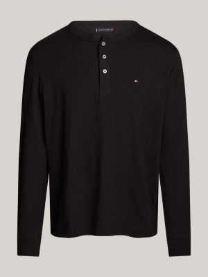 camiseta de manga larga con cuello henley negro de hombres tommy hilfiger