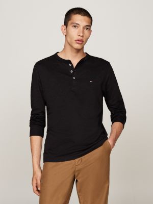 black textured long sleeve henley t-shirt for men tommy hilfiger