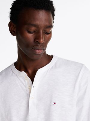 Textured Long Sleeve Henley T Shirt White Tommy Hilfiger