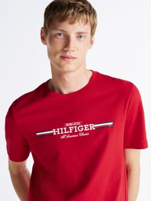 rot t-shirt mit brust-logo für herren - tommy hilfiger