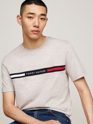 brown crew neck logo panel t-shirt for men tommy hilfiger