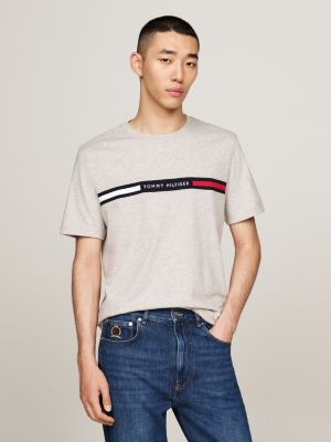 brown crew neck logo panel t-shirt for men tommy hilfiger