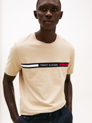 t-shirt à col ras-du-cou et logo beige pour hommes tommy hilfiger