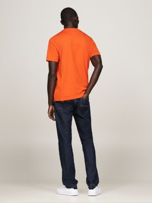 camiseta de cuello redondo con logo naranja de hombres tommy hilfiger