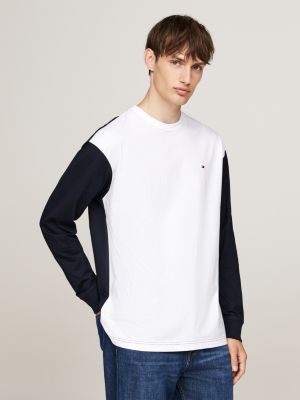 white colour-blocked relaxed long sleeve t-shirt for men tommy hilfiger