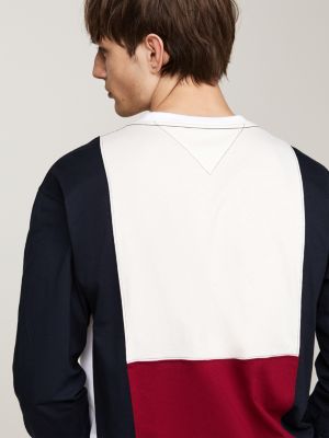 white colour-blocked relaxed long sleeve t-shirt for men tommy hilfiger