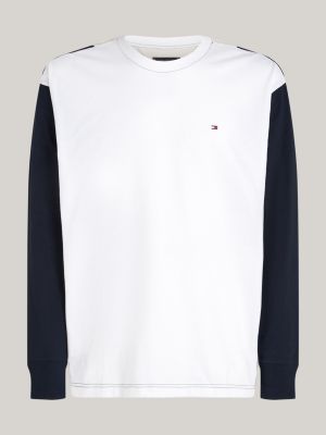 white colour-blocked relaxed long sleeve t-shirt for men tommy hilfiger