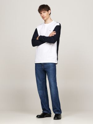 white colour-blocked relaxed long sleeve t-shirt for men tommy hilfiger