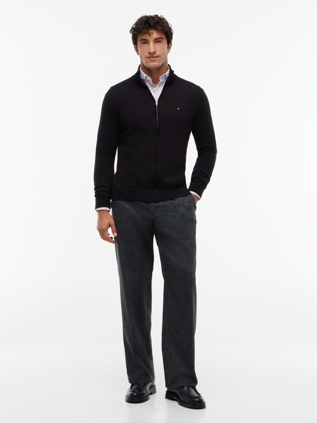 Flag Embroidery Zip-Thru Mock Neck Jumper — Black