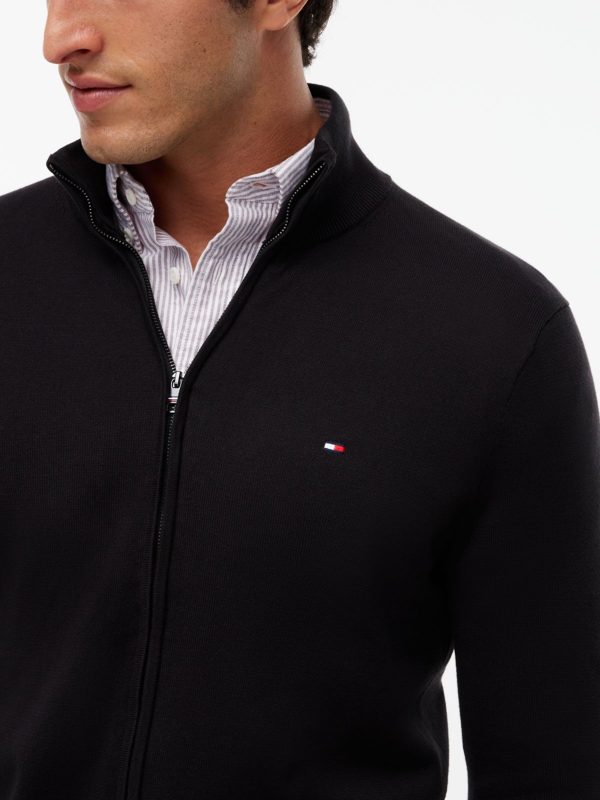 Flag Embroidery Zip-Thru Mock Neck Jumper — Black