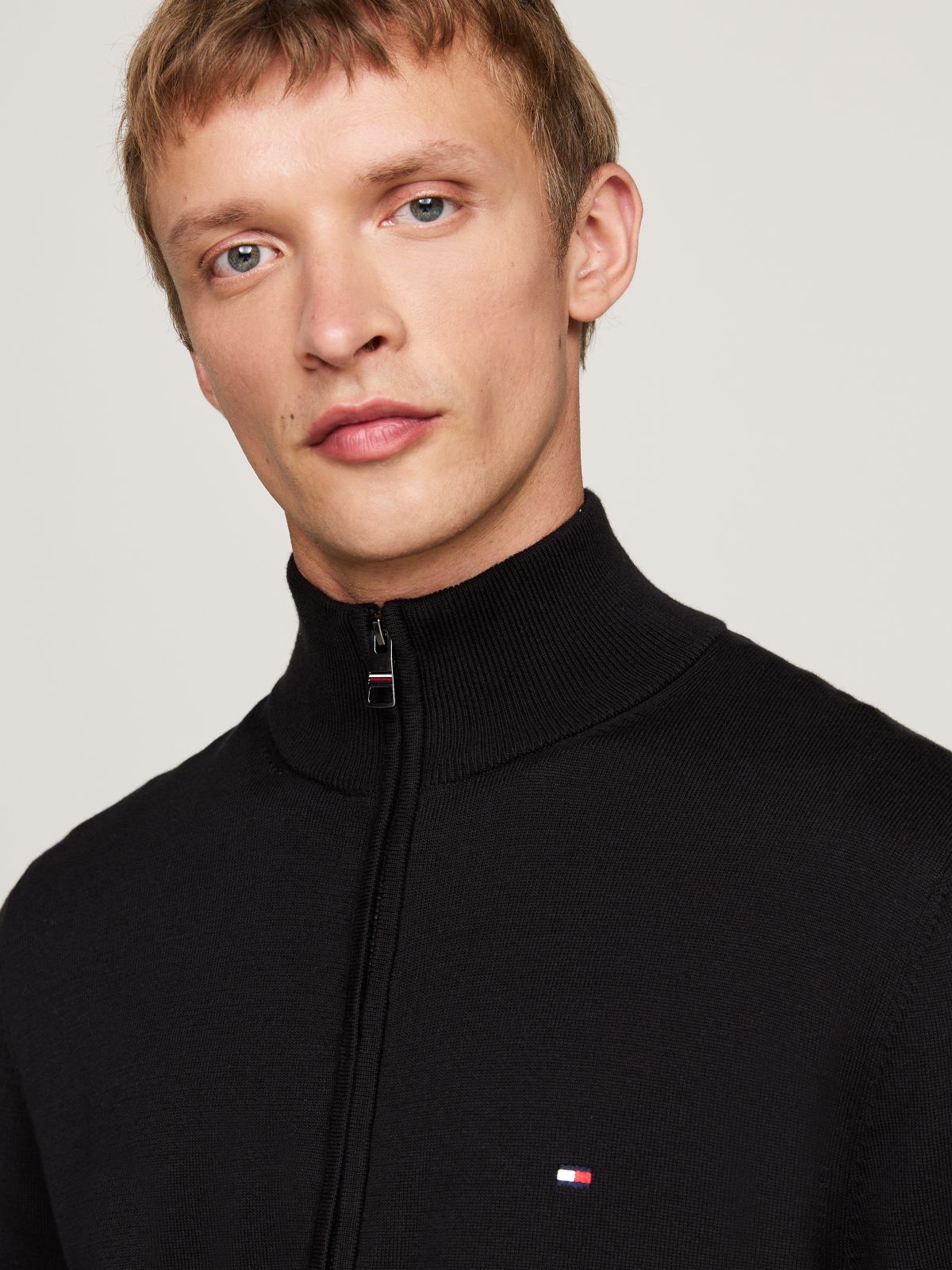 Flag Embroidery Zip-Thru Mock Neck Jumper — Black