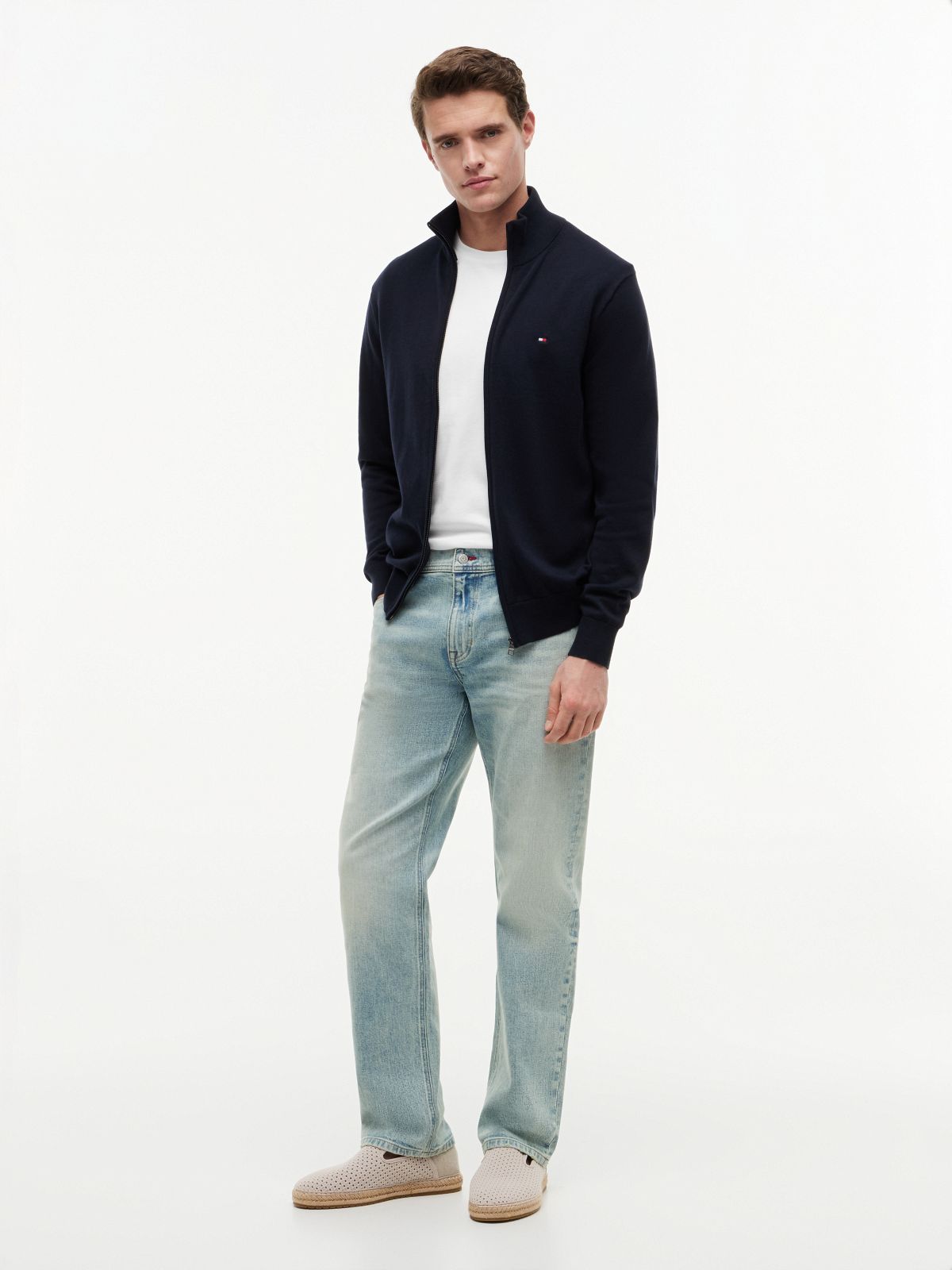 Flag Embroidery Zip-Thru Mock Neck Jumper — Blue