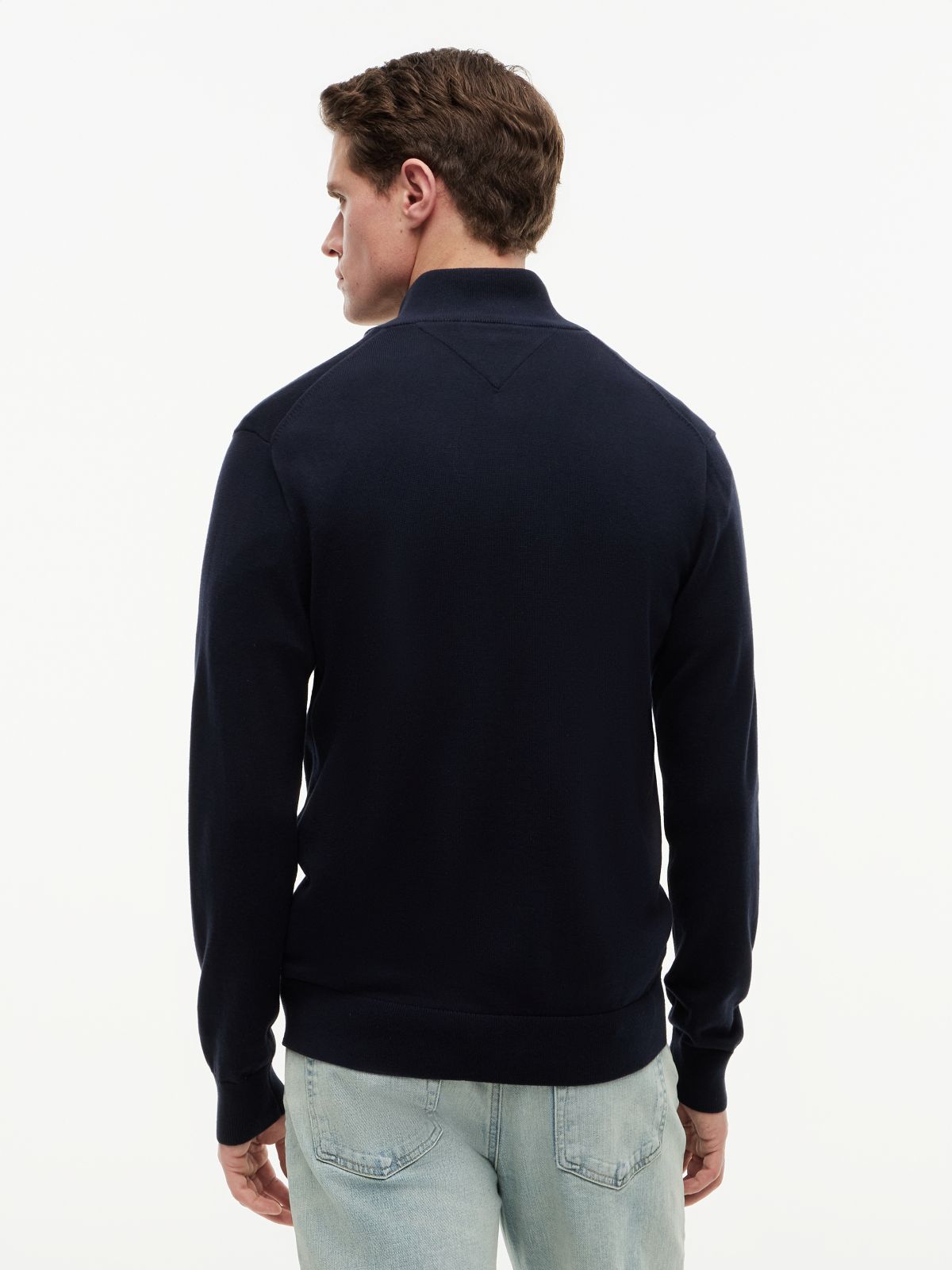 Flag Embroidery Zip-Thru Mock Neck Jumper — Blue