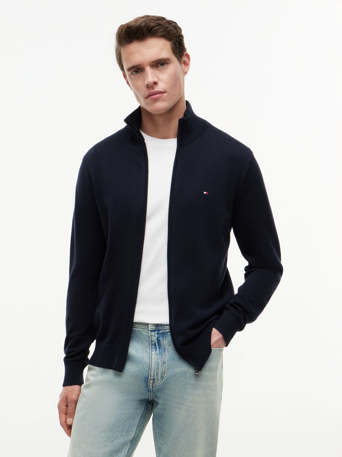 Flag Embroidery Zip-Thru Mock Neck Jumper — Blue