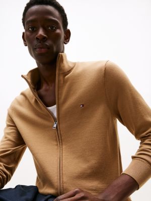 brown mock neck zip-thru jumper for men tommy hilfiger