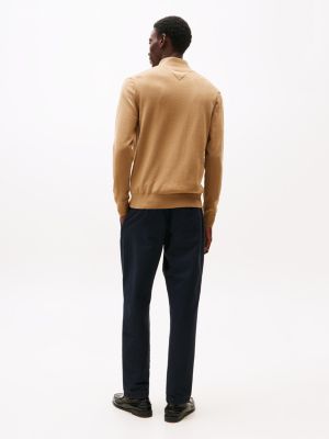 brown mock neck zip-thru jumper for men tommy hilfiger