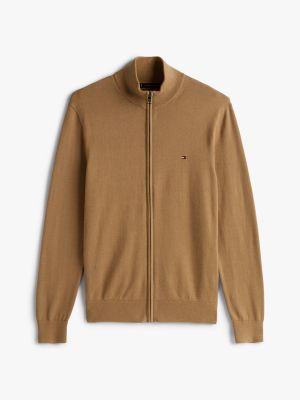 brown mock neck zip-thru jumper for men tommy hilfiger